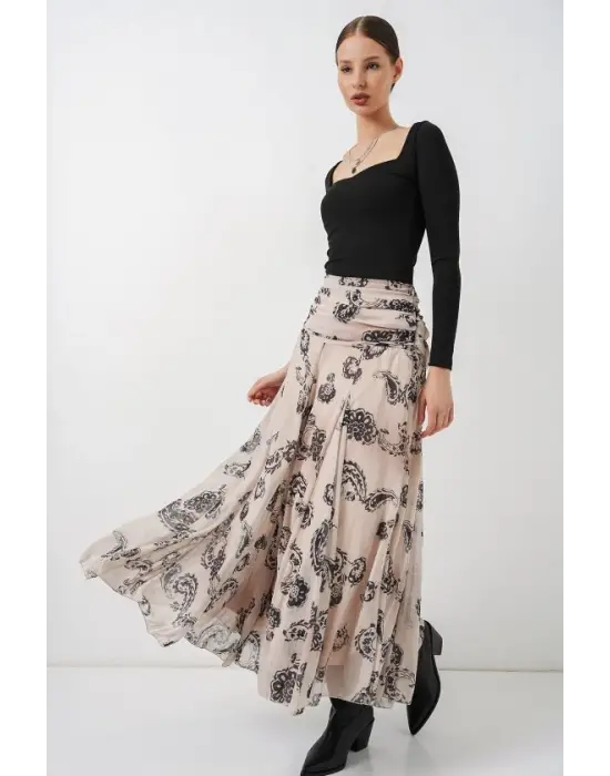 Desenli Şifon Etek 8057 - Krem