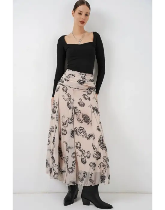 Desenli Şifon Etek 8057 - Krem