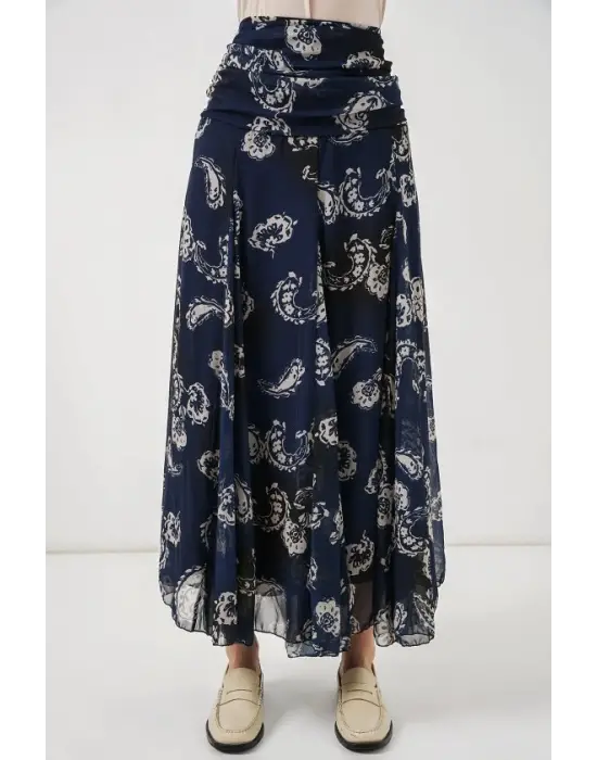 Desenli Şifon Etek 8057 - Lacivert