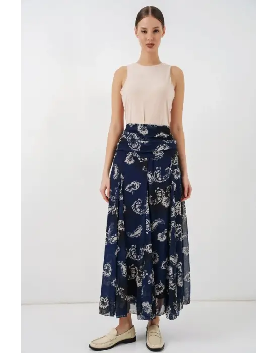 Desenli Şifon Etek 8057 - Lacivert
