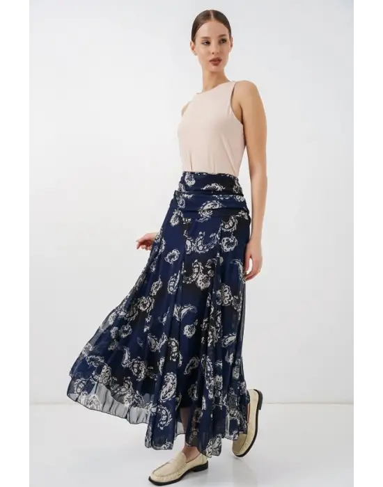 Desenli Şifon Etek 8057 - Lacivert