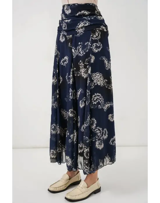 Desenli Şifon Etek 8057 - Lacivert