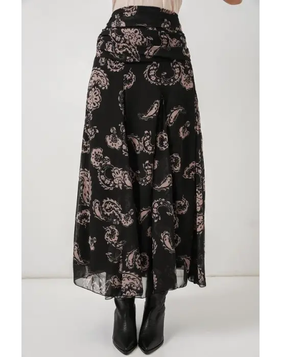Desenli Şifon Etek 8057 - Siyah