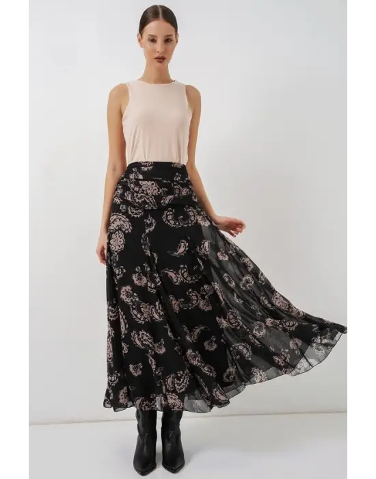 Desenli Şifon Etek 8057 - Siyah