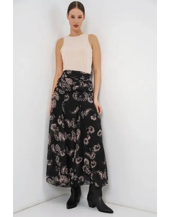 Desenli Şifon Etek 8057 - Siyah