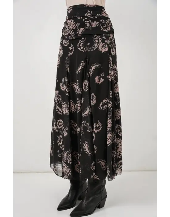 Desenli Şifon Etek 8057 - Siyah