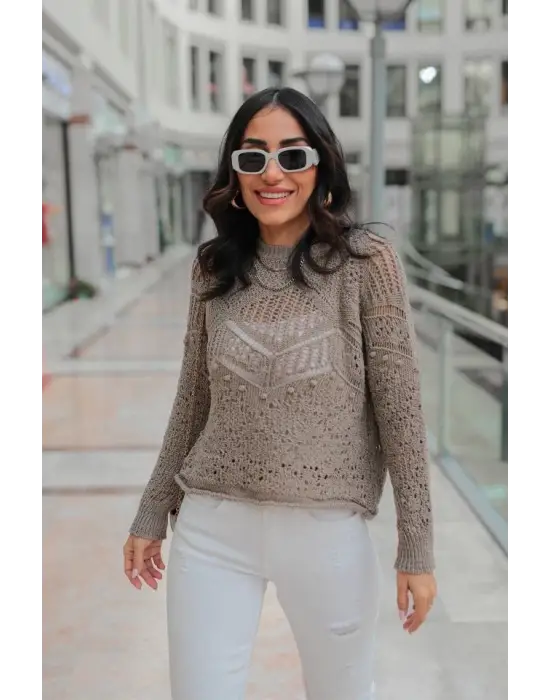 Desenli triko kazak gri