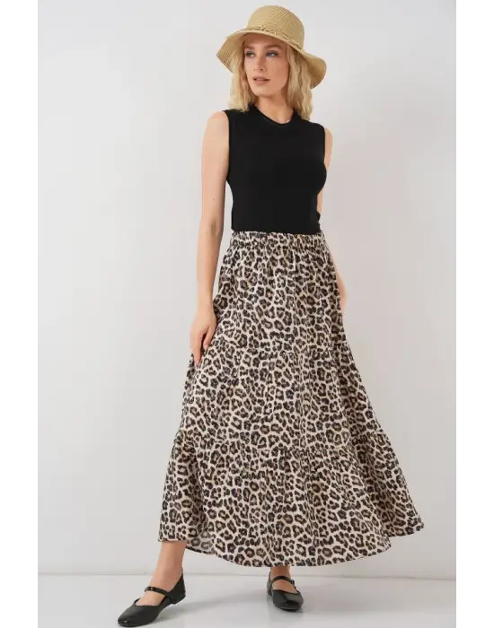 Desenli Uzun Etek 8053 - C. Kahverengi