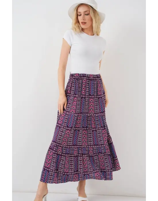 Desenli Uzun Etek 8053 - Mor