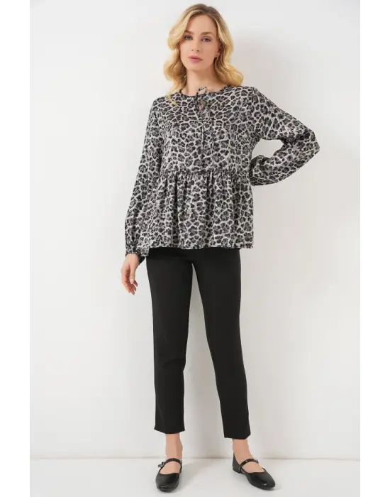 Desenli Uzun Kol Bluz 970 - Antrasit