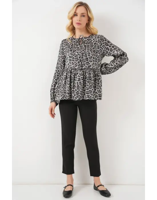 Desenli Uzun Kol Bluz 970 - Antrasit