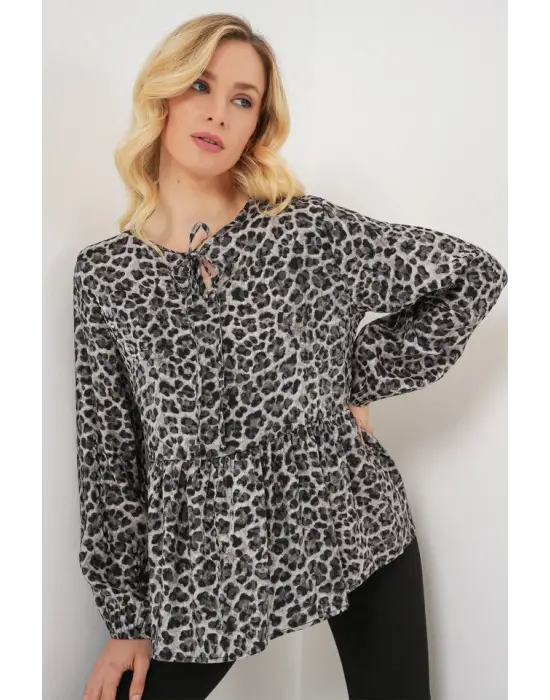 Desenli Uzun Kol Bluz 970 - Antrasit