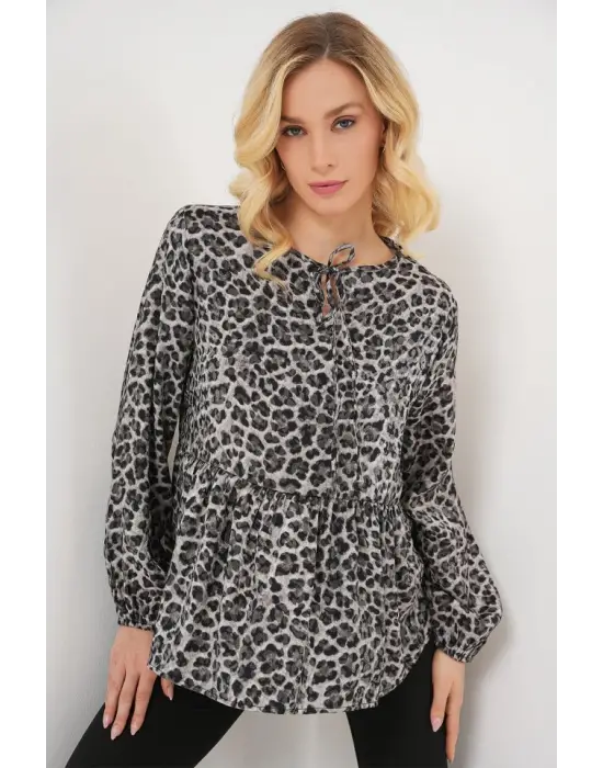 Desenli Uzun Kol Bluz 970 - Antrasit