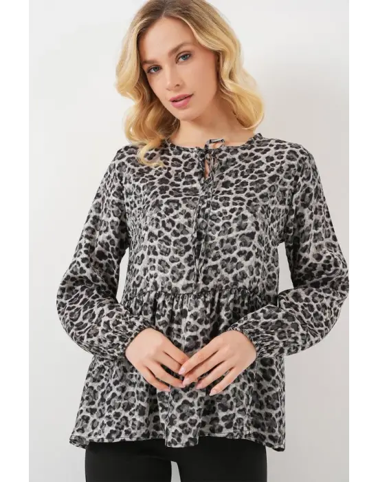 Desenli Uzun Kol Bluz 970 - Antrasit