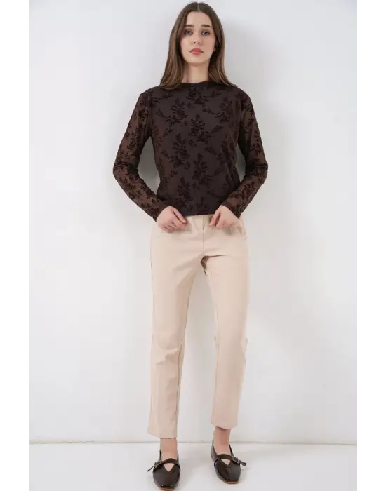 Desenli Uzun Kol Bluz 983 - Kahverengi