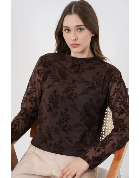 Desenli Uzun Kol Bluz 983 - Kahverengi