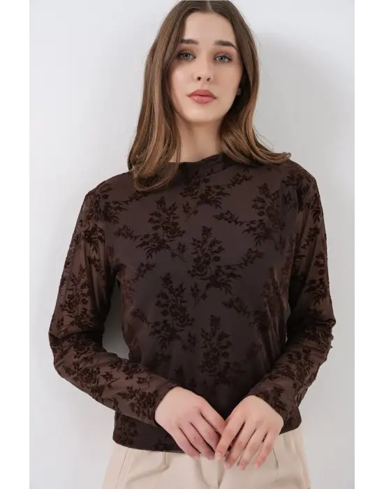 Desenli Uzun Kol Bluz 983 - Kahverengi