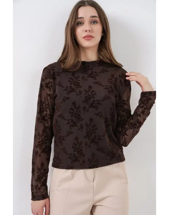 Desenli Uzun Kol Bluz 983 - Kahverengi