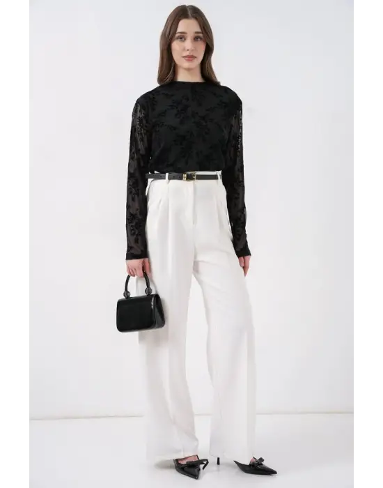 Zarif Desenli Uzun Kol Bluz - Siyah