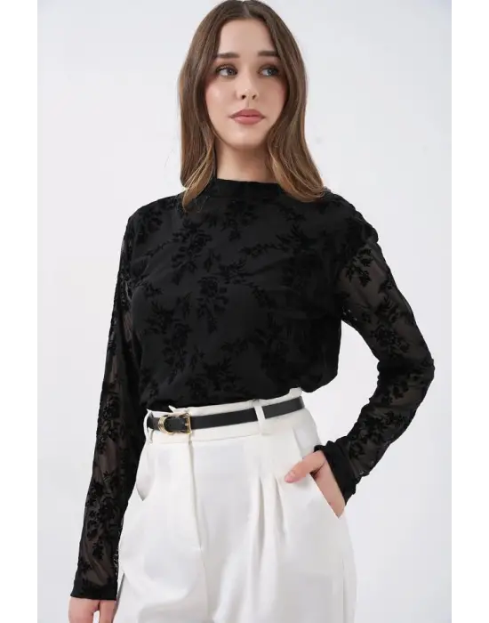 Desenli Uzun Kol Bluz 983 - Siyah