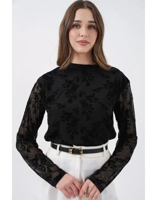 Desenli Uzun Kol Bluz 983 - Siyah