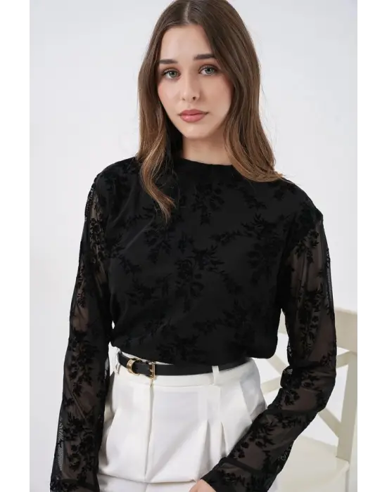 Desenli Uzun Kol Bluz 983 - Siyah