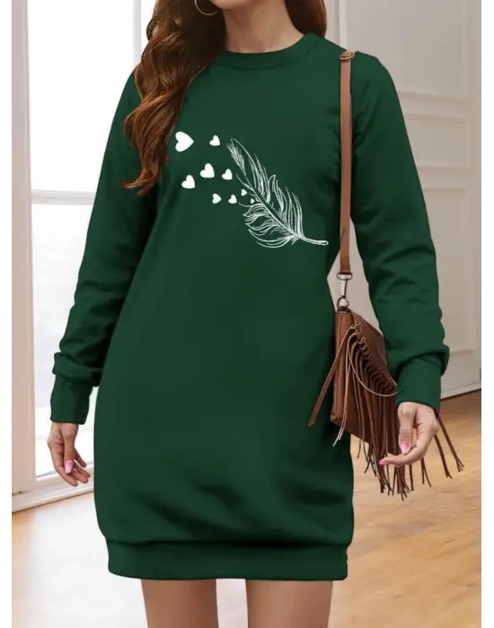 Omarı Şık Desenli Uzun Kollu Kadın Elbisesi