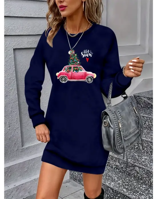 Omarı Şık Desenli Uzun Kollu Kadın Elbisesi