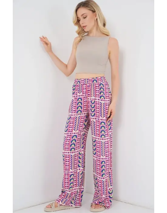 Desenli Viskon Pantolon 6749 - Fuşya