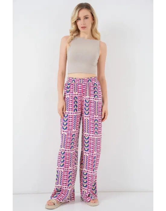 Desenli Viskon Pantolon 6749 - Fuşya