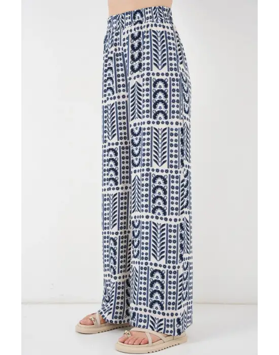 Desenli Viskon Pantolon 6749 - Krem