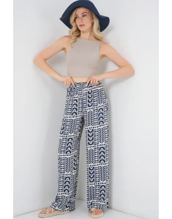 Desenli Viskon Pantolon 6749 - Krem