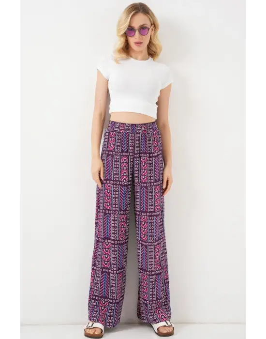 Desenli Viskon Pantolon 6749 - Mor