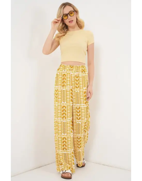Desenli Viskon Pantolon 6749 - Sarı