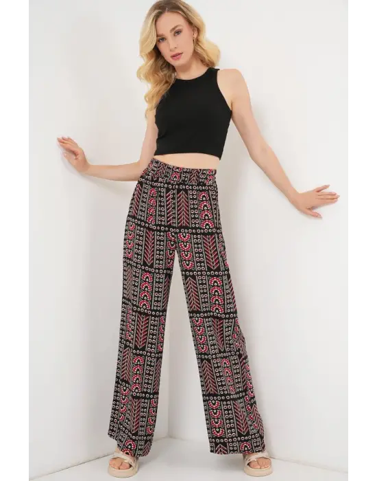 Desenli Viskon Pantolon 6749 - Siyah