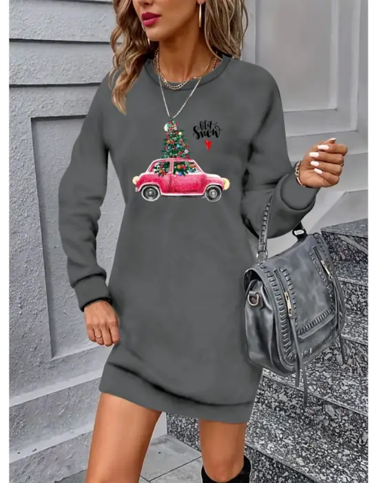 Omarı Şık Desenli Kadın Uzun Kollu Elbise