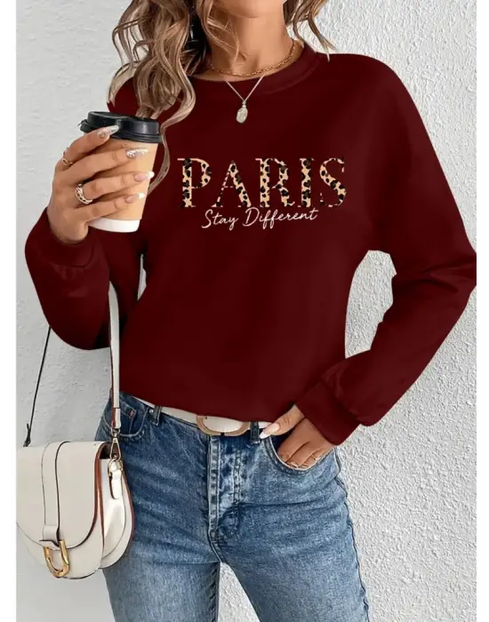 Omarı Desenli Viskon Kadın Bluzu Uzun Kollu Bisiklet Yaka