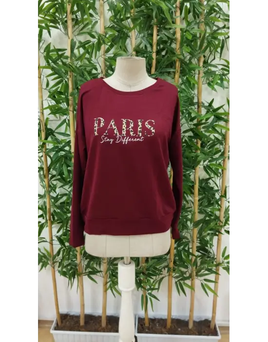 Omarı Desenli Viskon Kadın Bluzu Uzun Kollu Bisiklet Yaka