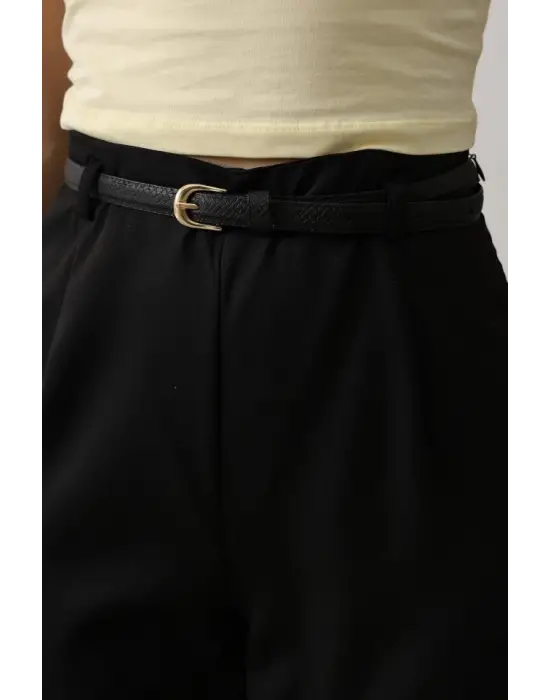 Omarı Detaylı Siyah Kemer Pens Pantolon