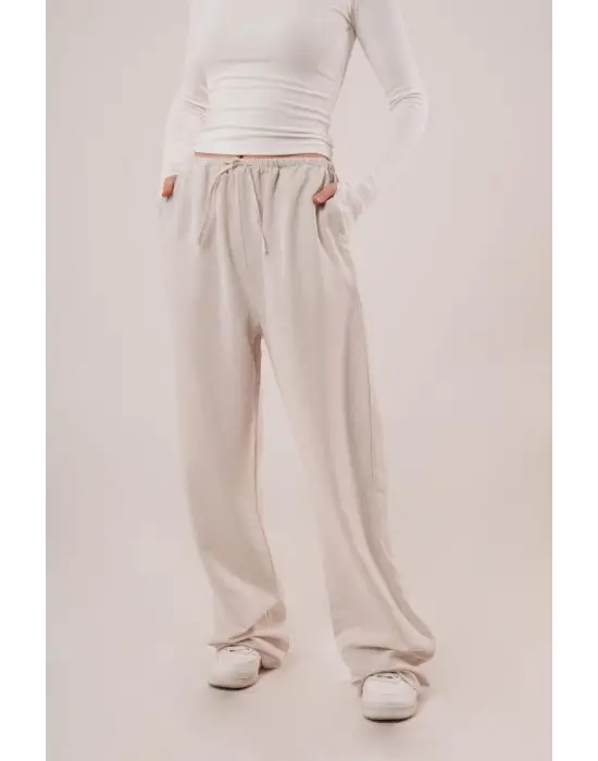 Omarı Detaylı Keten Ekru Cepli Pantolon