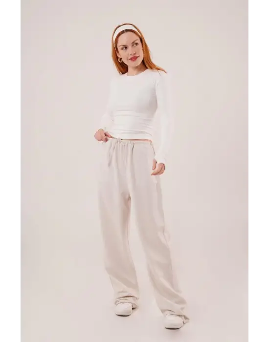 Omarı Detaylı Keten Ekru Cepli Pantolon