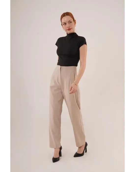 Omarı Çift Pens Detaylı Siyah Krem Pantolon