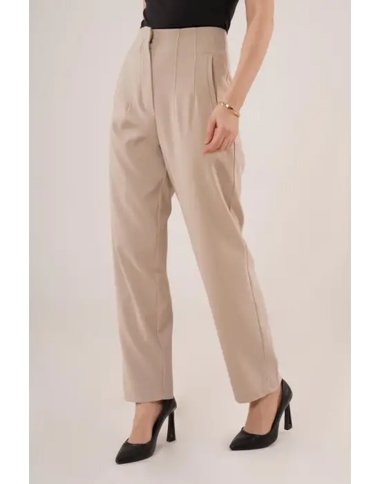 Omarı Çift Pens Detaylı Siyah Krem Pantolon