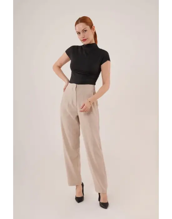 Omarı Çift Pens Detaylı Siyah Krem Pantolon