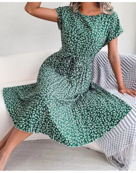 Omarı Yıldız Desenli Dijital Baskılı Elbise