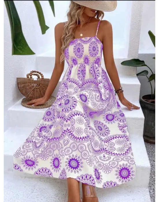 Omarı Çiçek Desenli Dijital Baskılı Elbise