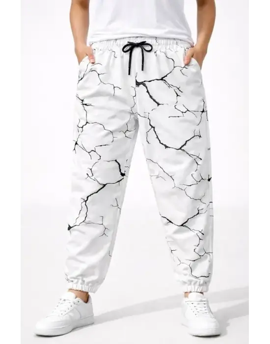 Dijital Baskılı Eşofman Altı Kışlık Üç İplik Şardonlu Kumaş Lastikli Paça, Cepli, Rahat Kalıp - Beyaz