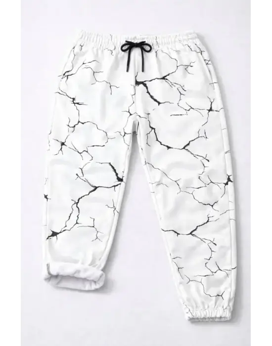 Dijital Baskılı Eşofman Altı Kışlık Üç İplik Şardonlu Kumaş Lastikli Paça, Cepli, Rahat Kalıp - Beyaz