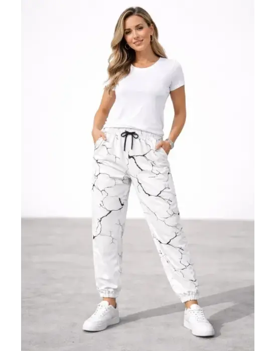 Dijital Baskılı Eşofman Altı Kışlık Üç İplik Şardonlu Kumaş Lastikli Paça, Cepli, Rahat Kalıp - Beyaz
