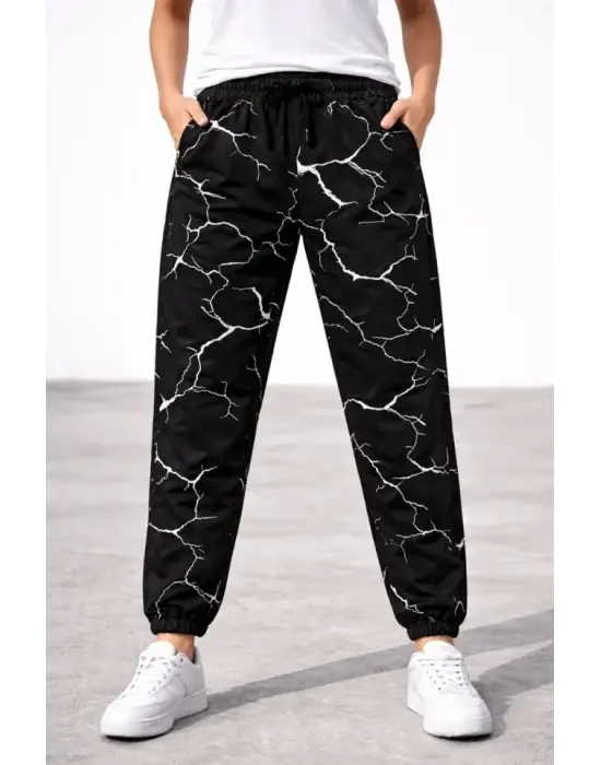 Dijital Baskılı Eşofman Altı Kışlık Üç İplik Şardonlu Kumaş Lastikli Paça, Cepli, Rahat Kalıp - Siyah